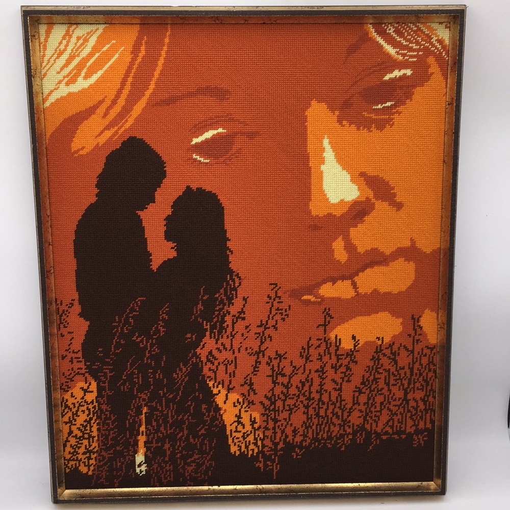 Needlepoint Silhouette Man & Woman Orange Brown Framed Wall Art Vintage 1970's